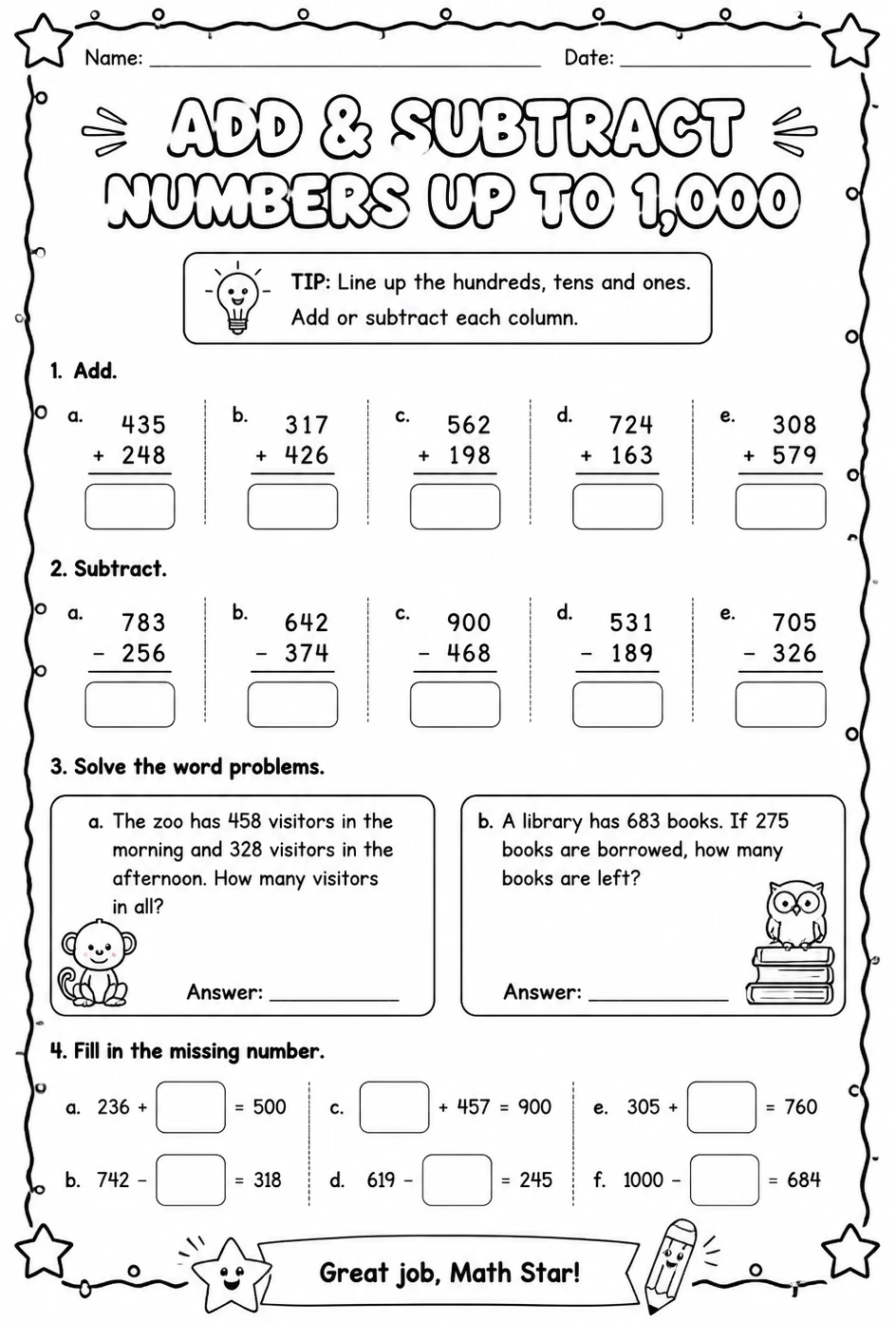 Add and subtract numbers up to 1,000