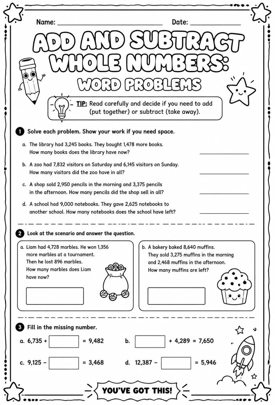 Add and subtract whole numbers: word problems