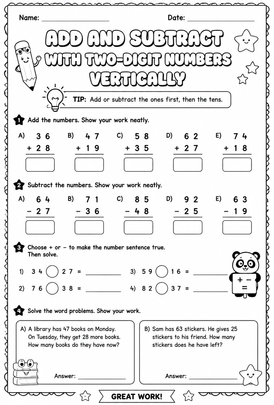 Add and subtract with two-digit numbers vertically