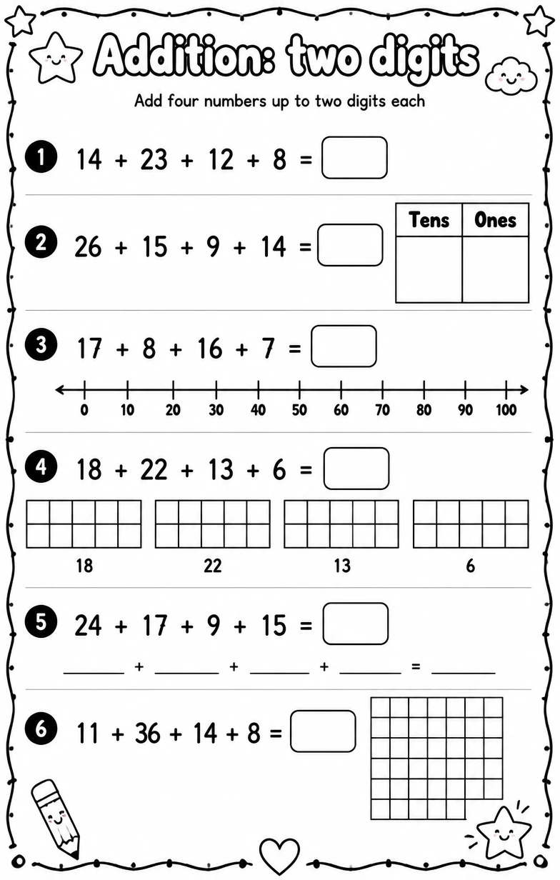 Add four numbers up to two digits each