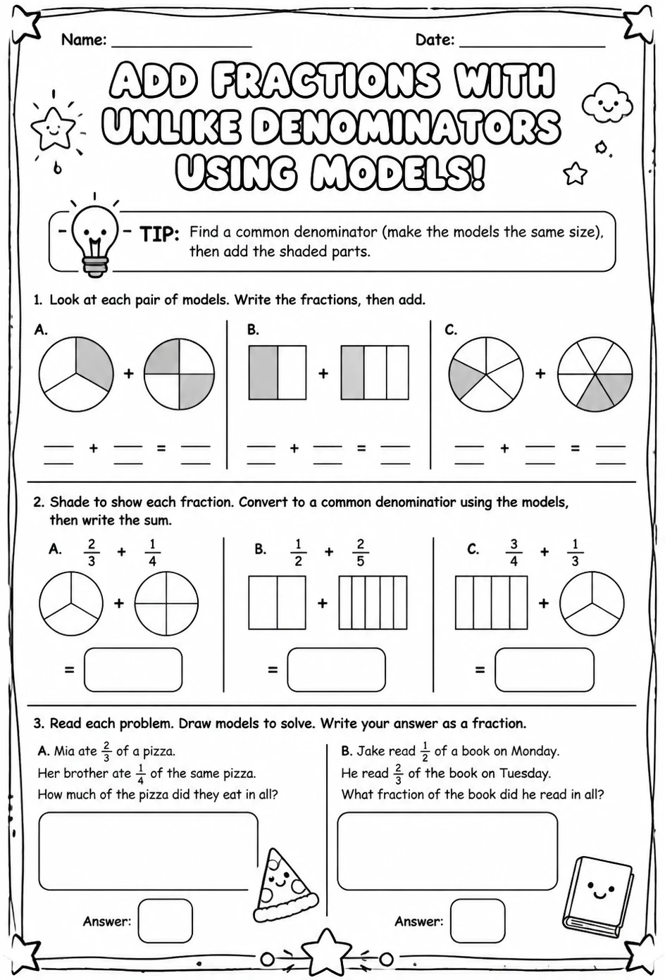 Add fractions with unlike denominators using models