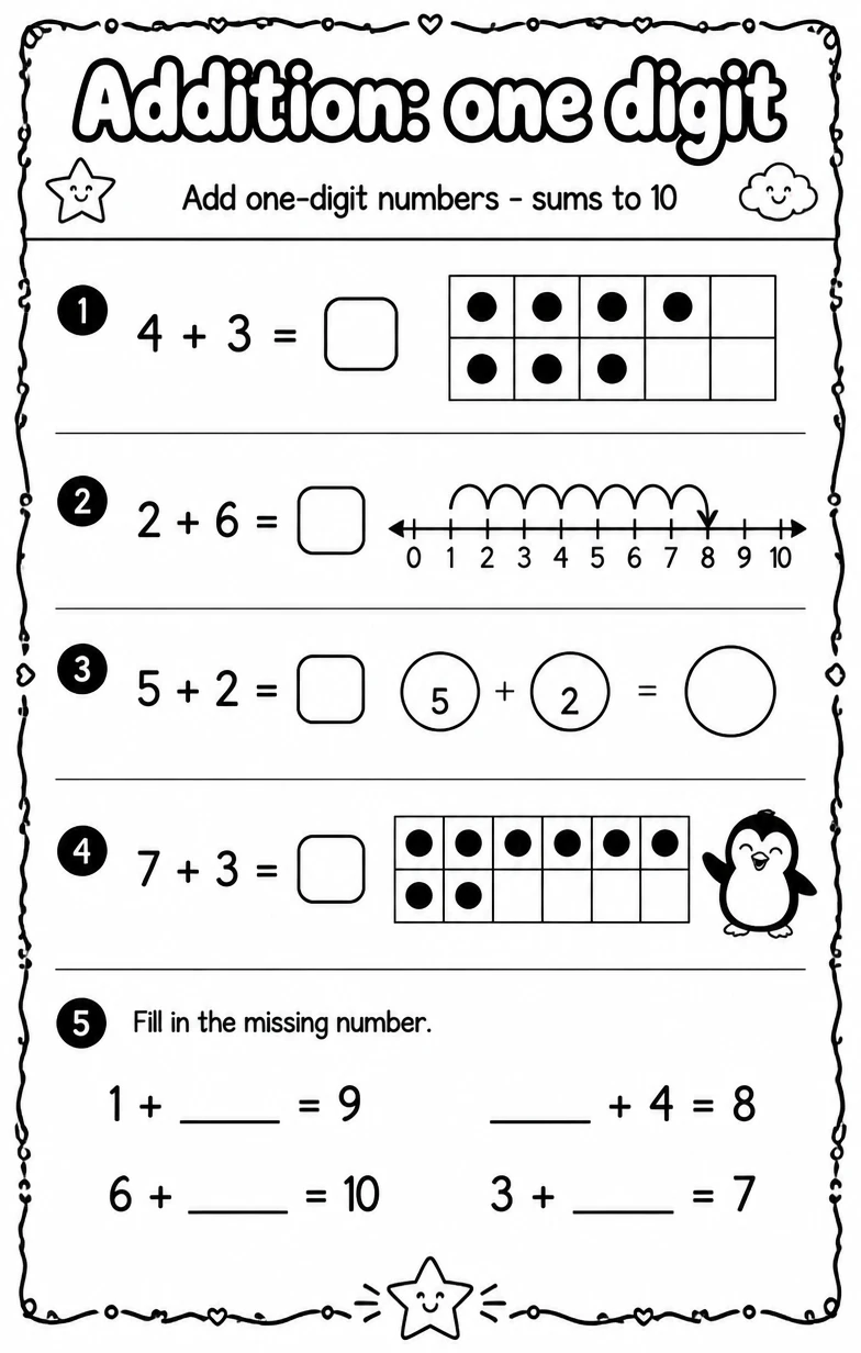 Add one-digit numbers - sums to 10