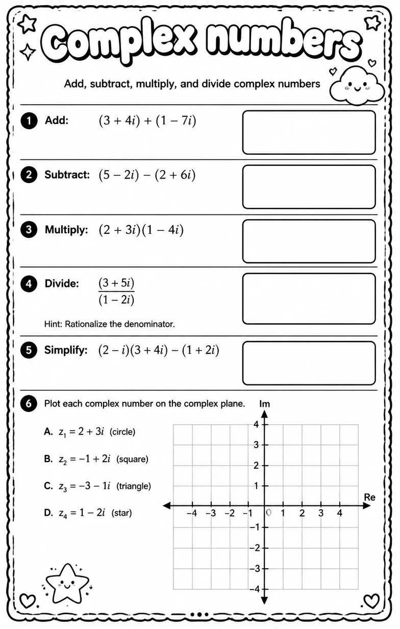 Add, subtract, multiply, and divide complex numbers