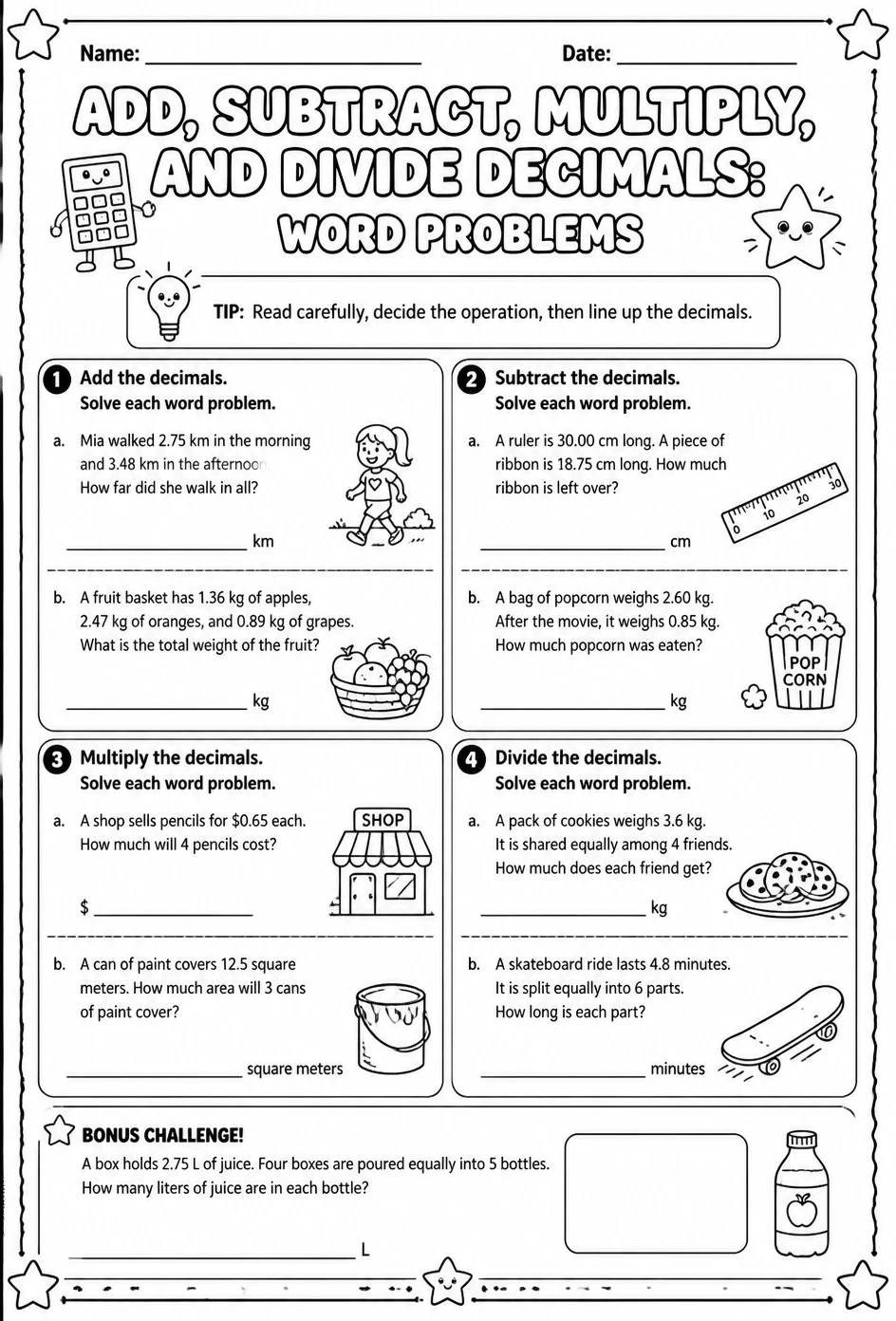 Add, subtract, multiply, and divide decimals: word problems