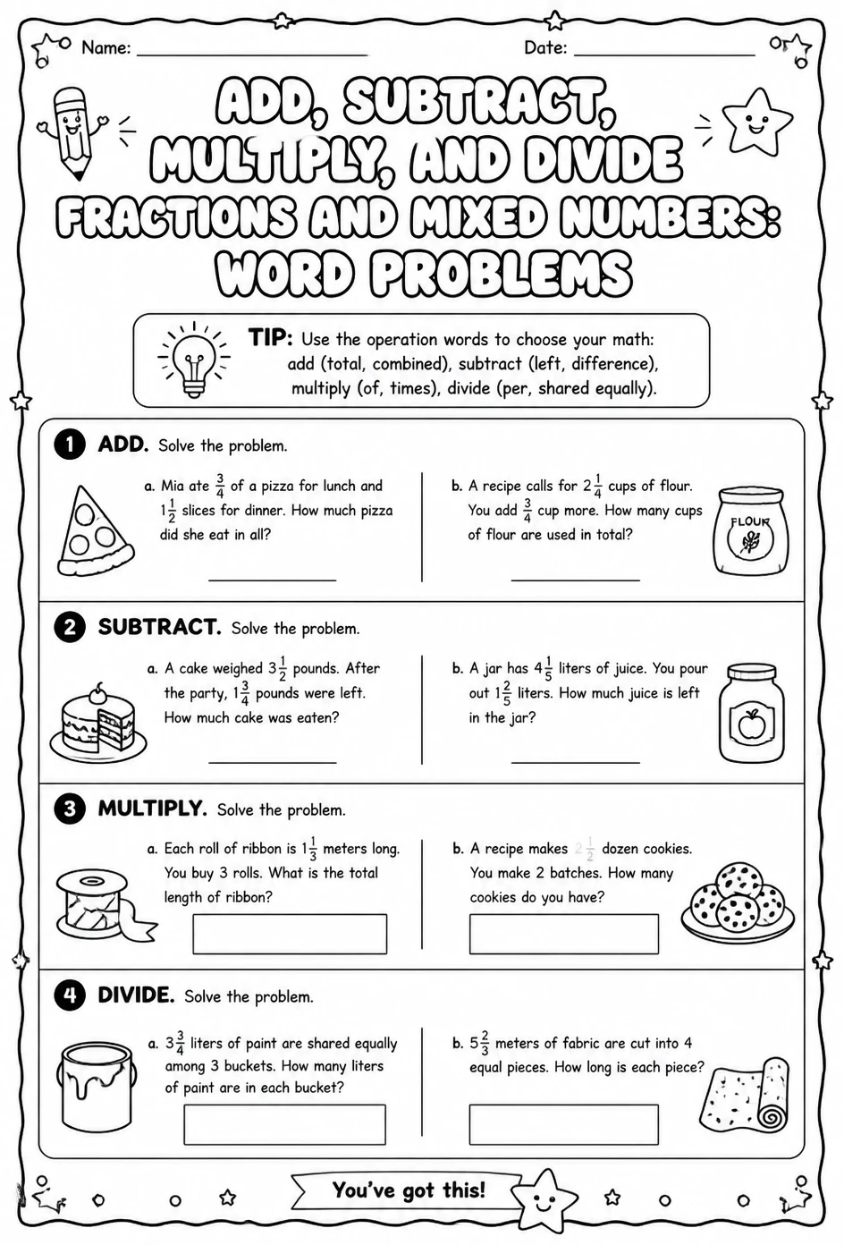 Add, subtract, multiply, and divide fractions and mixed numbers: word problems