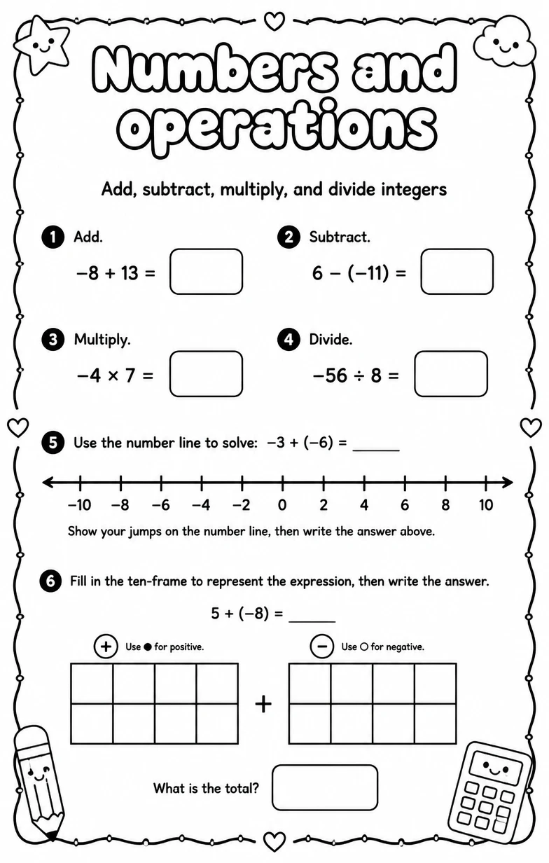 Add, subtract, multiply, and divide integers