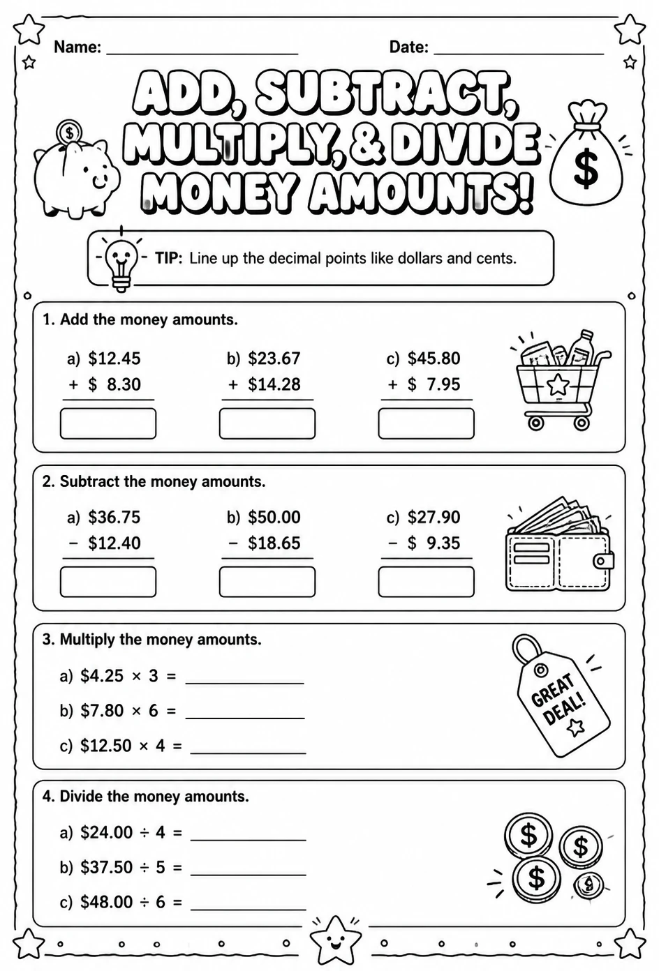 Add, subtract, multiply, and divide money amounts