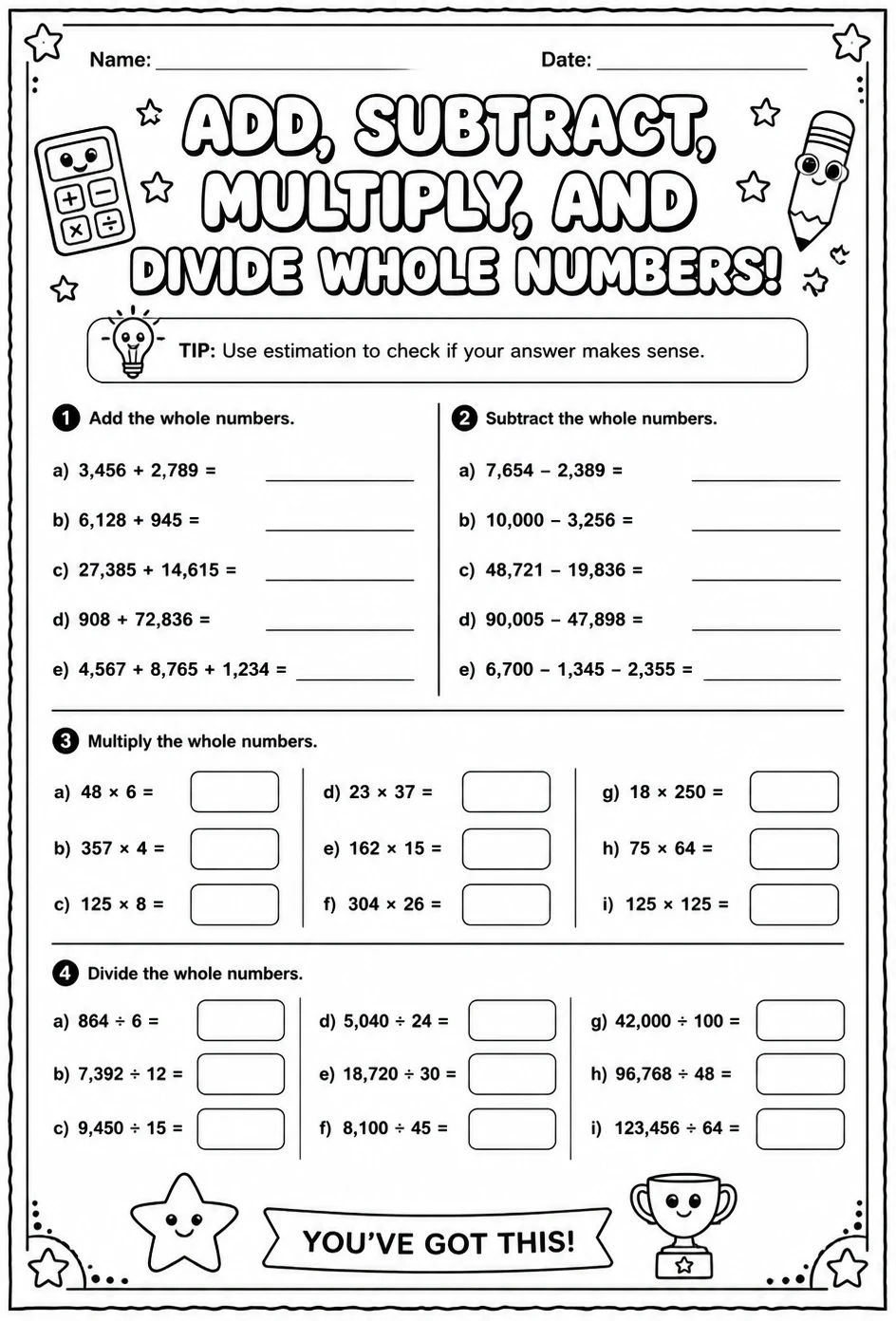 Add, subtract, multiply, and divide whole numbers