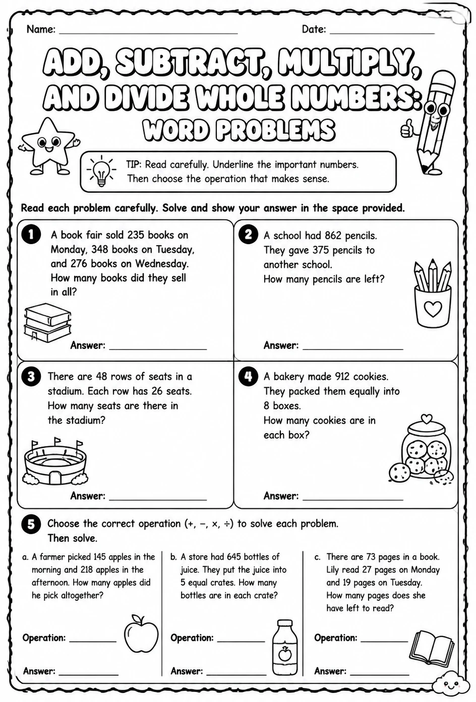 Add, subtract, multiply, and divide whole numbers: word problems