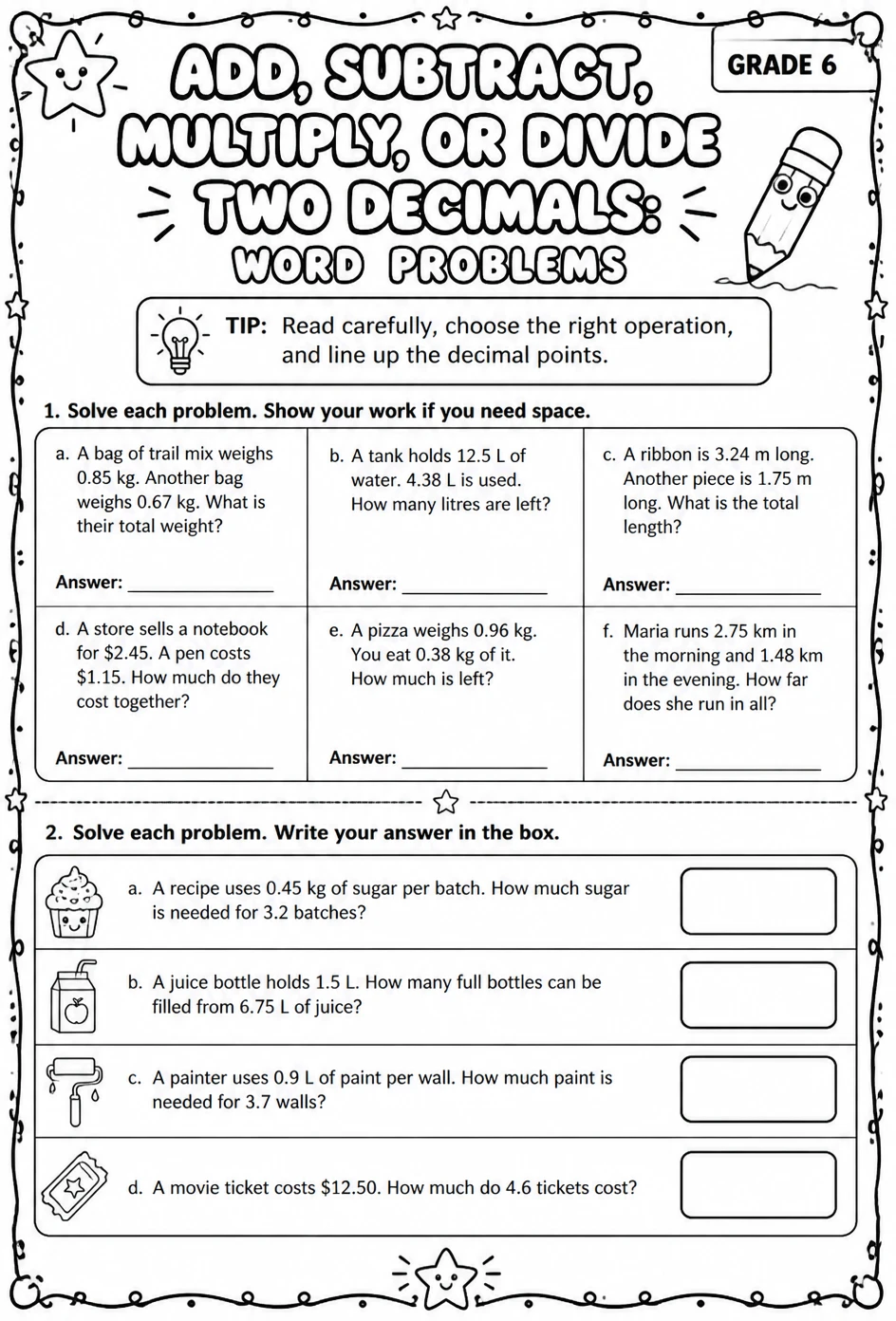 Add, subtract, multiply, or divide two decimals: word problems