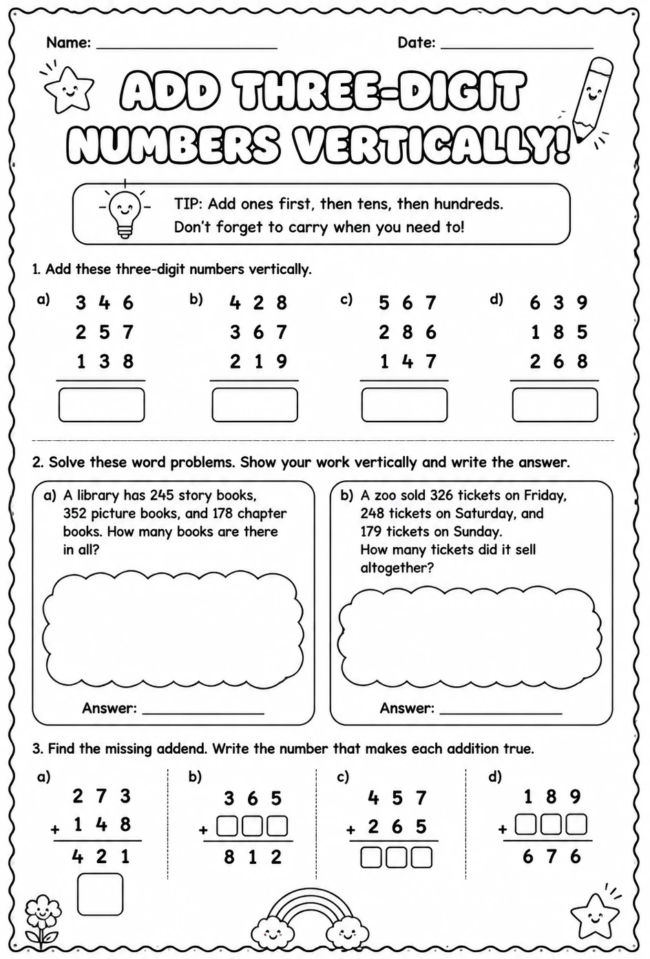 Add three-digit numbers vertically