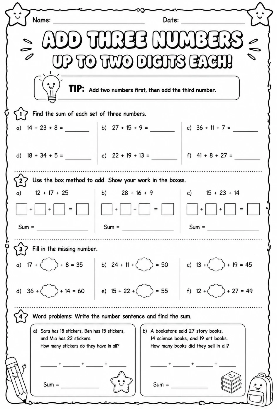 Add three numbers up to two digits each