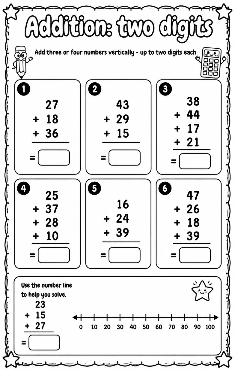 Add three or four numbers vertically - up to two digits each