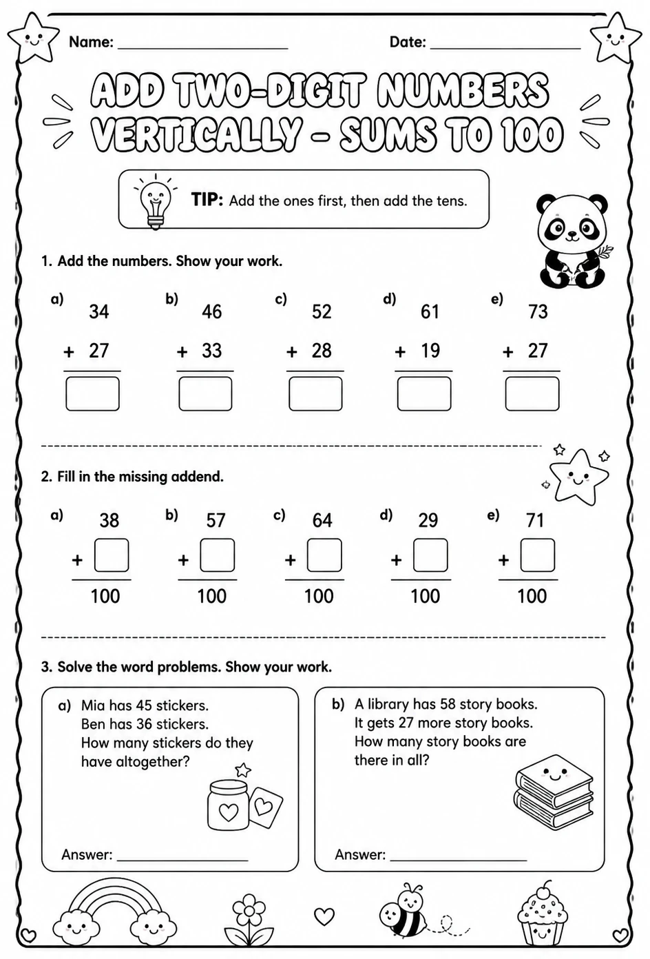 Add two-digit numbers vertically - sums to 100