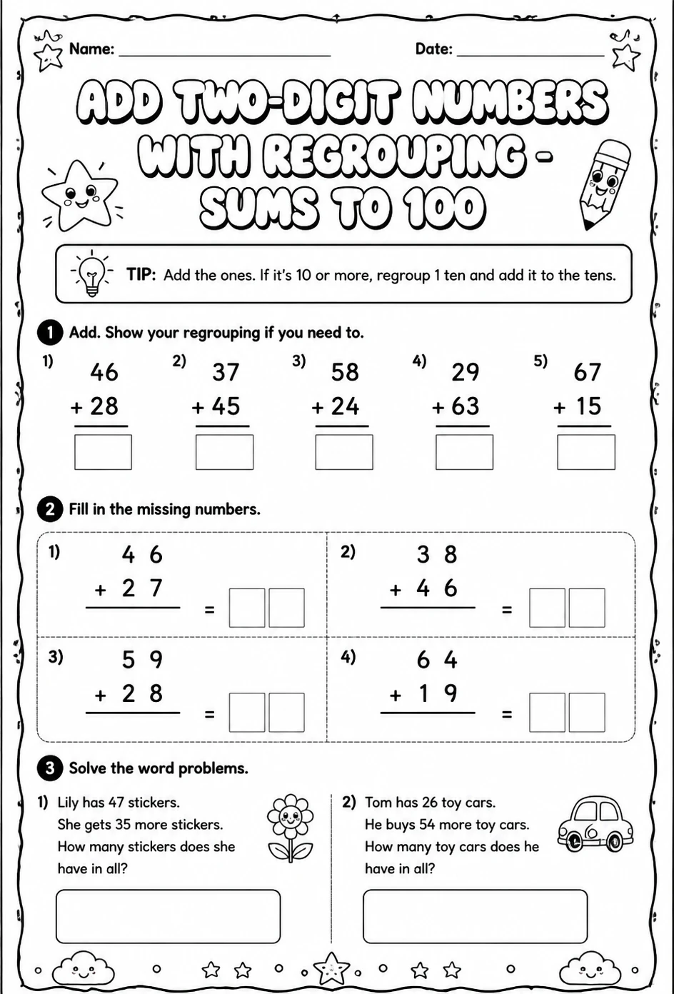 Add two-digit numbers with regrouping - sums to 100