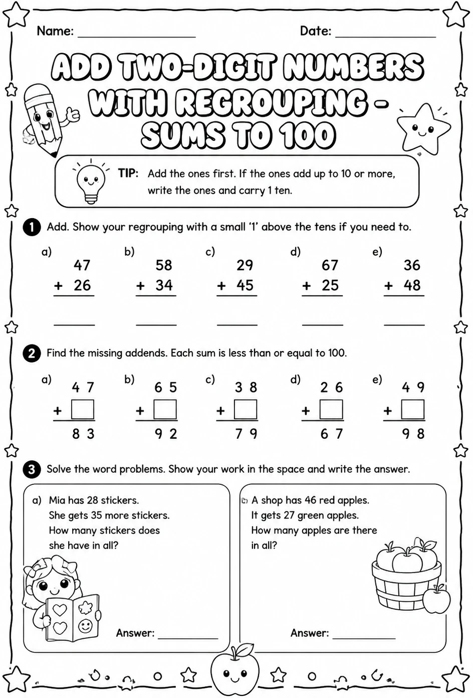 Add two-digit numbers with regrouping - sums to 100