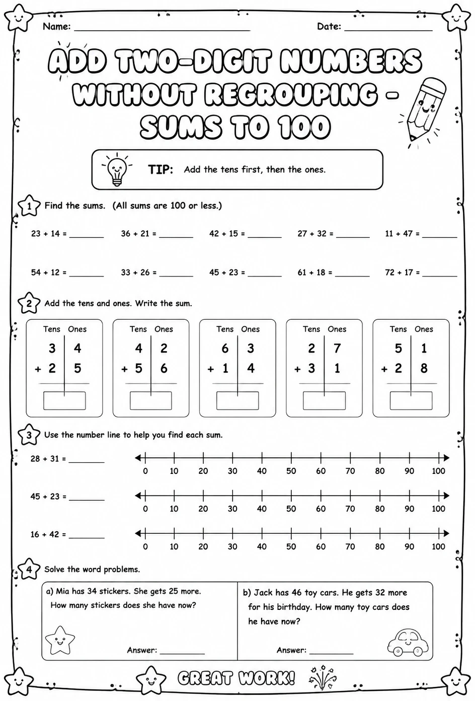 Add two-digit numbers without regrouping - sums to 100
