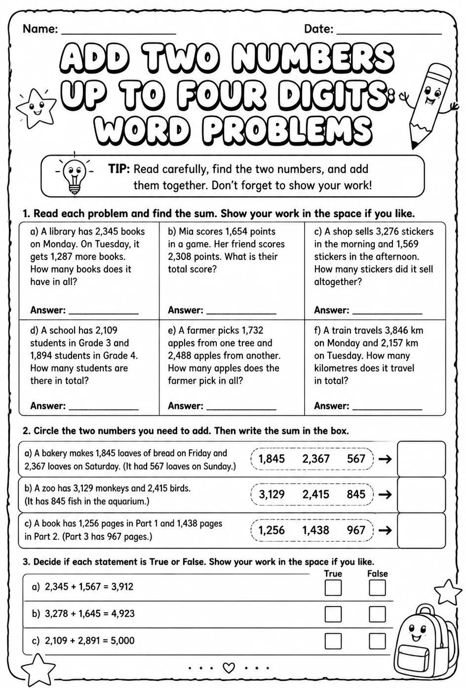 Add two numbers up to four digits: word problems