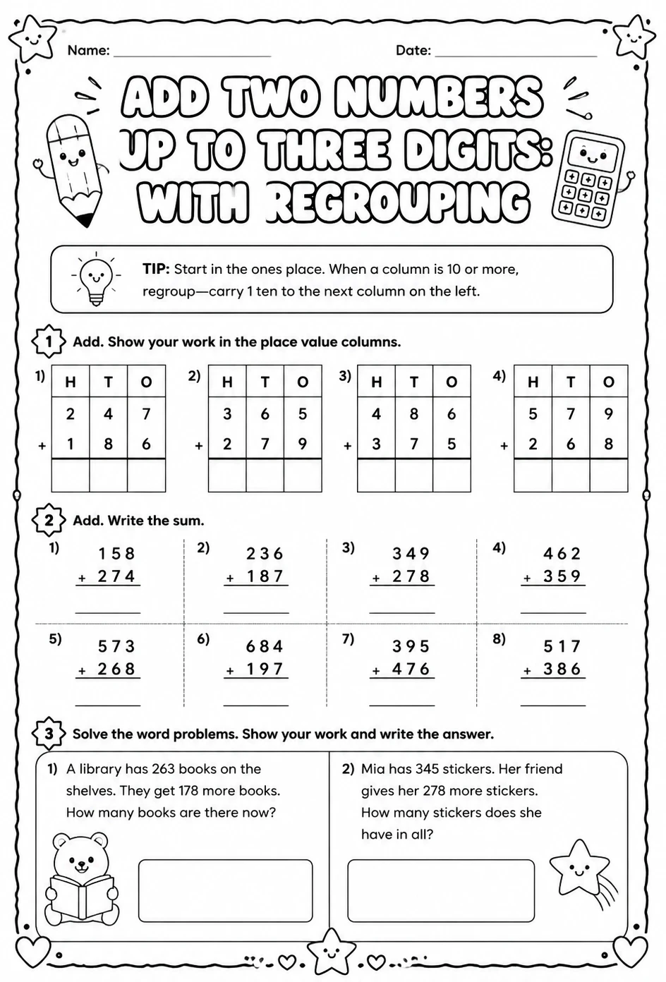 Add two numbers up to three digits: with regrouping