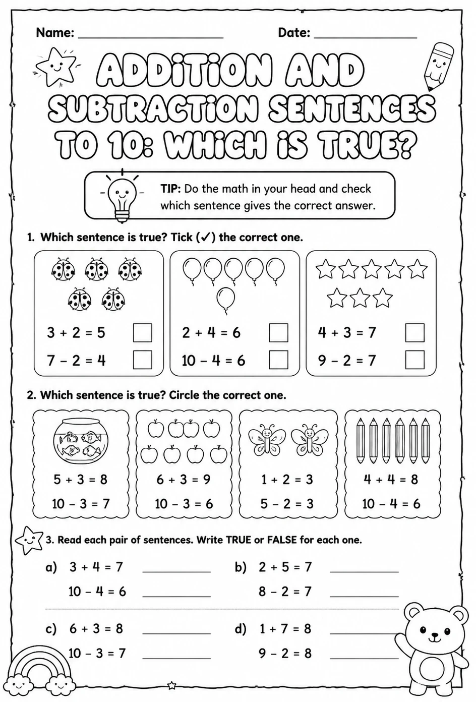 Addition and subtraction sentences to 10: which is true?