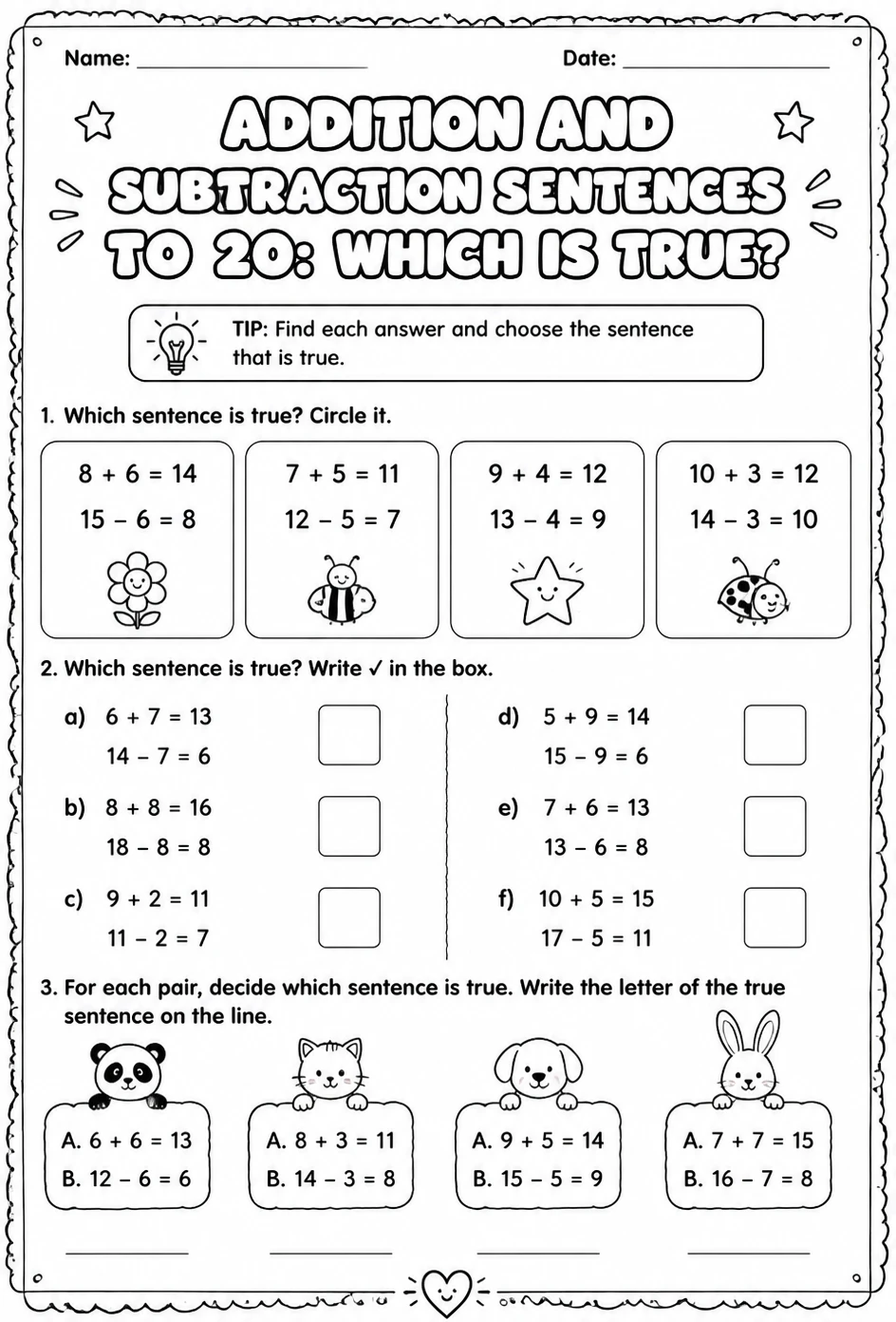 Addition and subtraction sentences to 20: which is true?