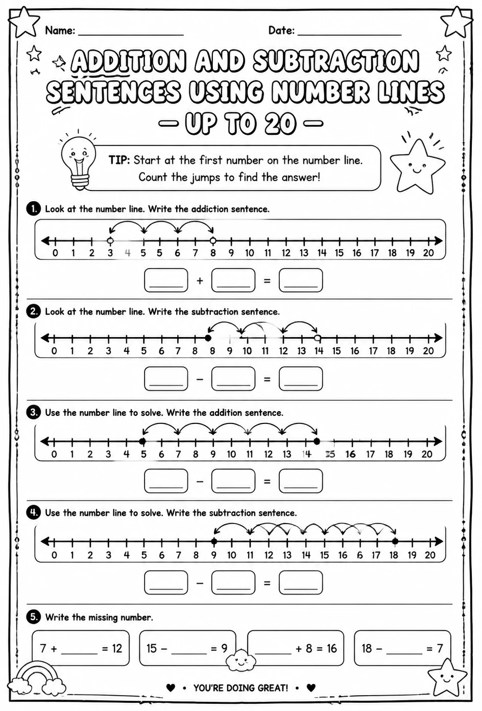 Addition and subtraction sentences using number lines - up to 20
