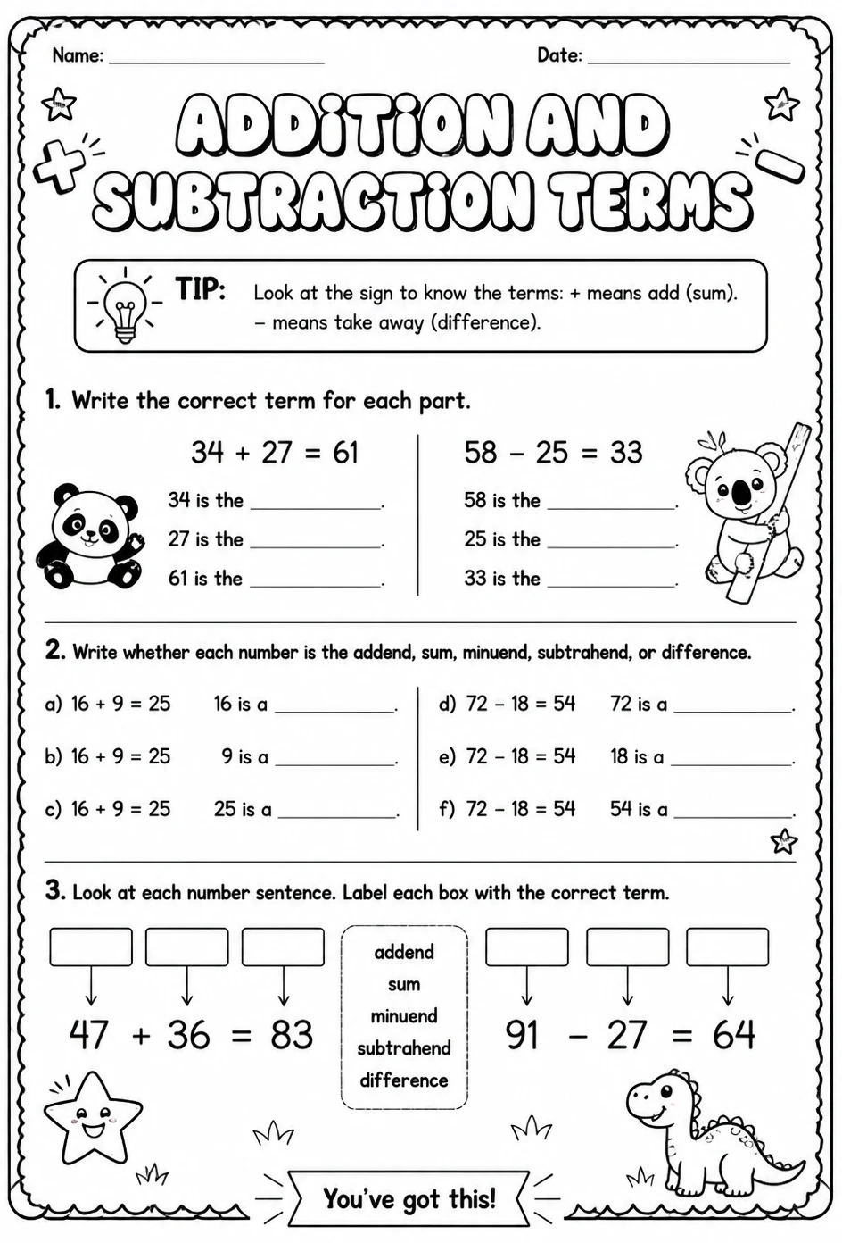 Addition and subtraction terms