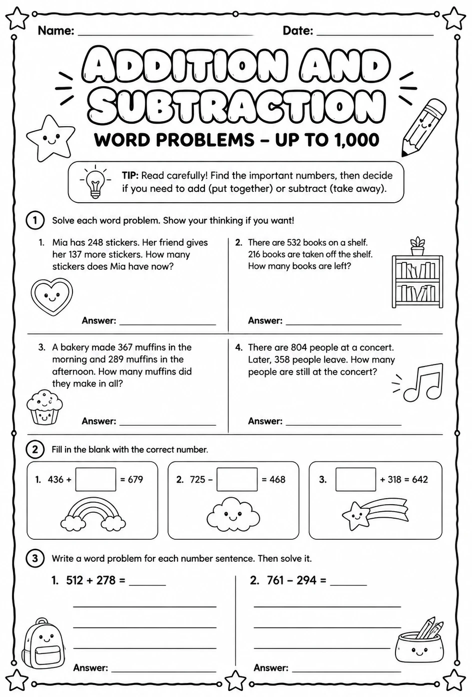 Addition and subtraction word problems - up to 1,000