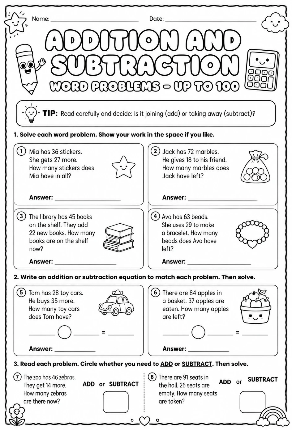 Addition and subtraction word problems - up to 100