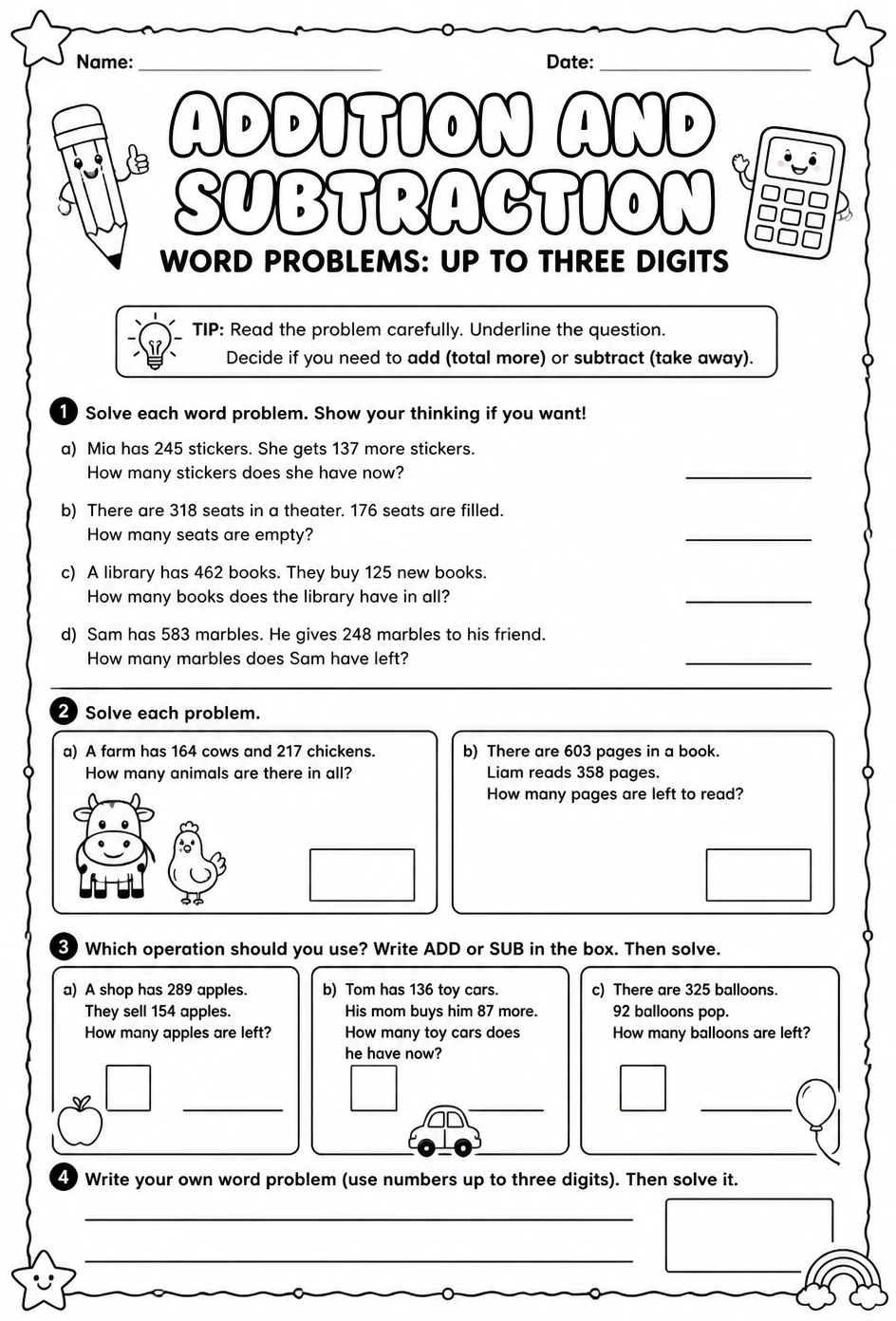 Addition and subtraction word problems: up to three digits