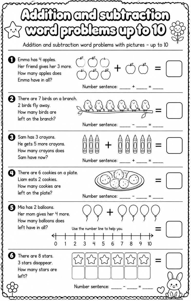 Addition and subtraction word problems with pictures - up to 10