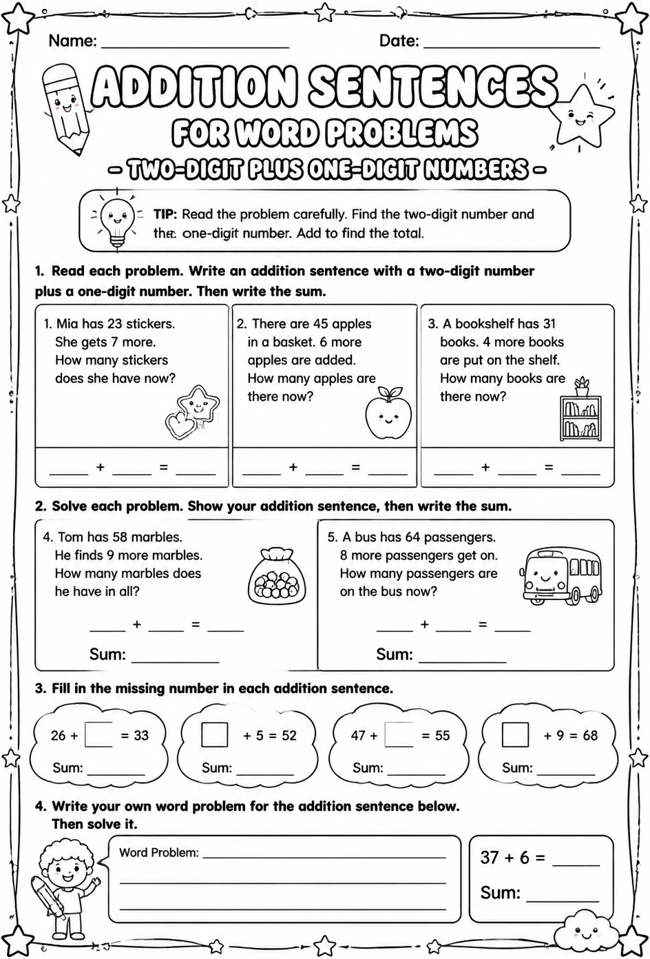 Addition sentences for word problems - two-digit plus one-digit numbers