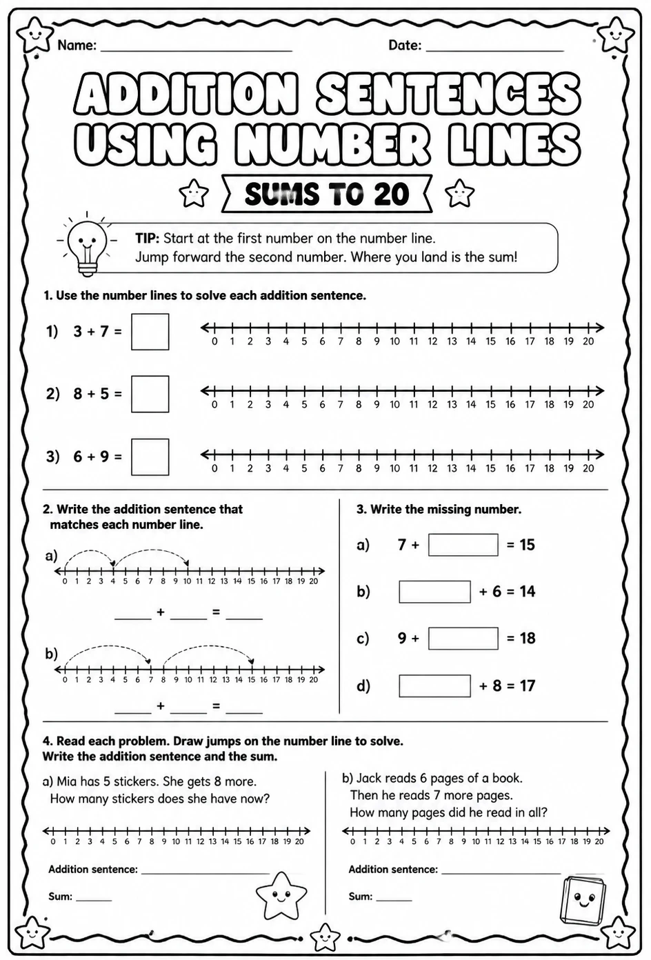 Addition sentences using number lines - sums to 20