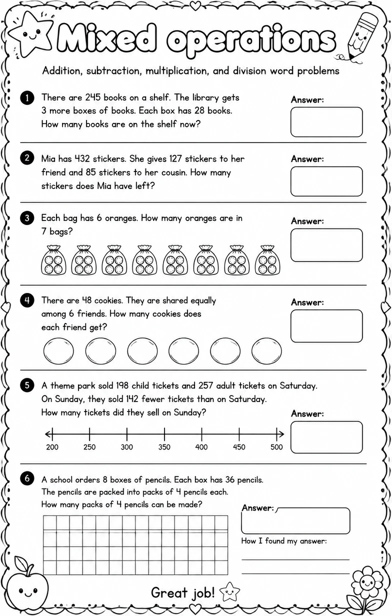 Addition, subtraction, multiplication, and division word problems