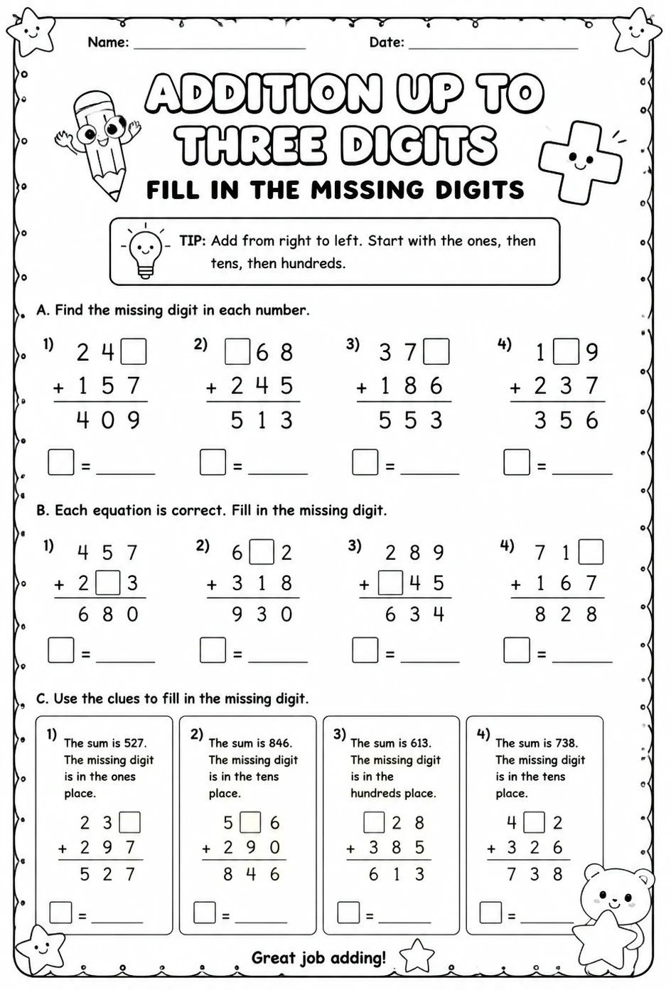 Addition up to three digits - fill in the missing digits
