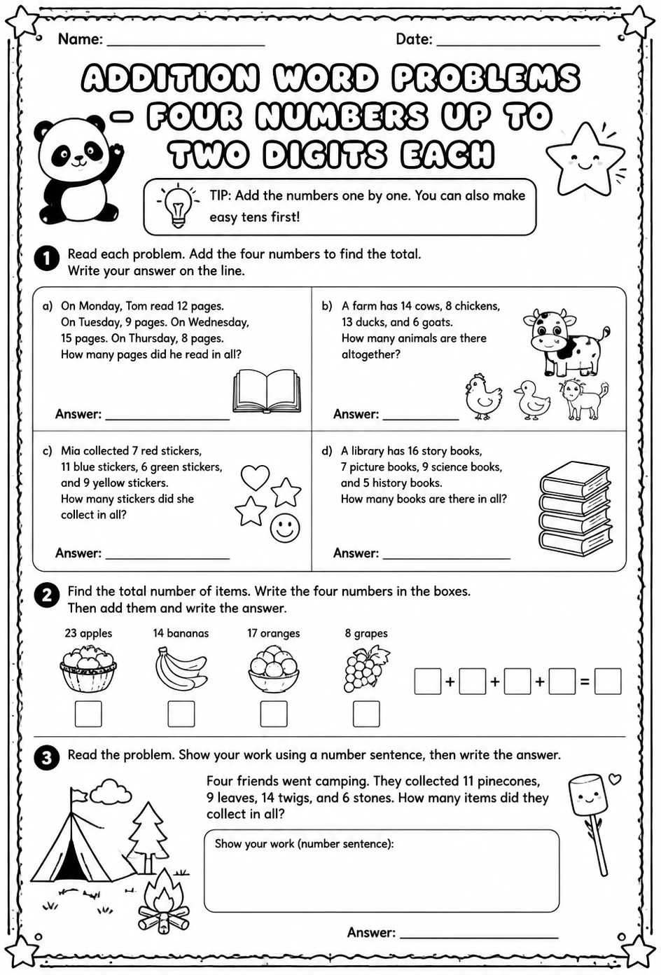 Addition word problems - four numbers up to two digits each