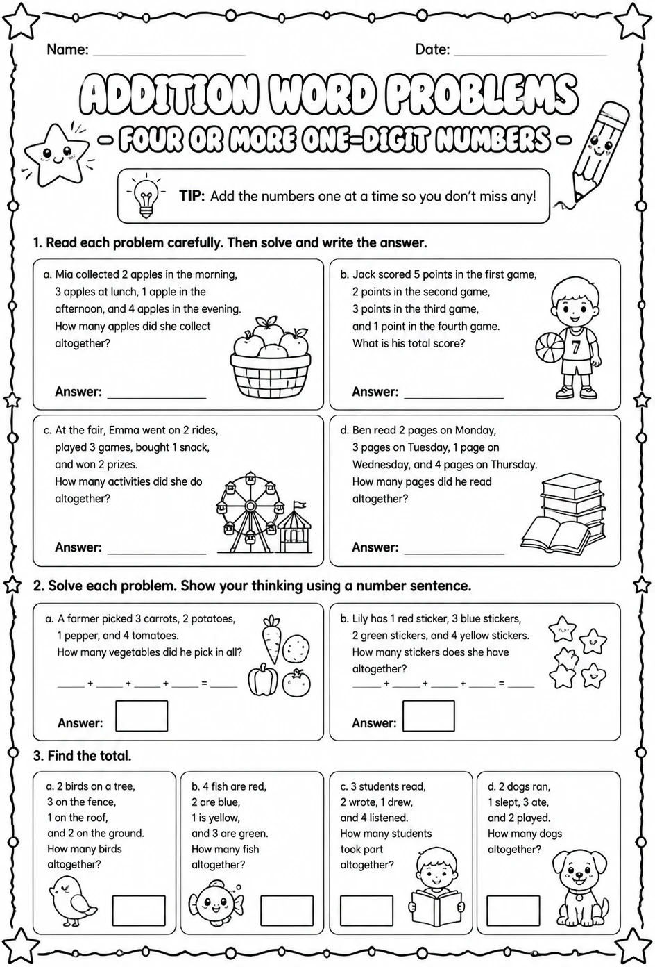 Addition word problems - four or more one-digit numbers