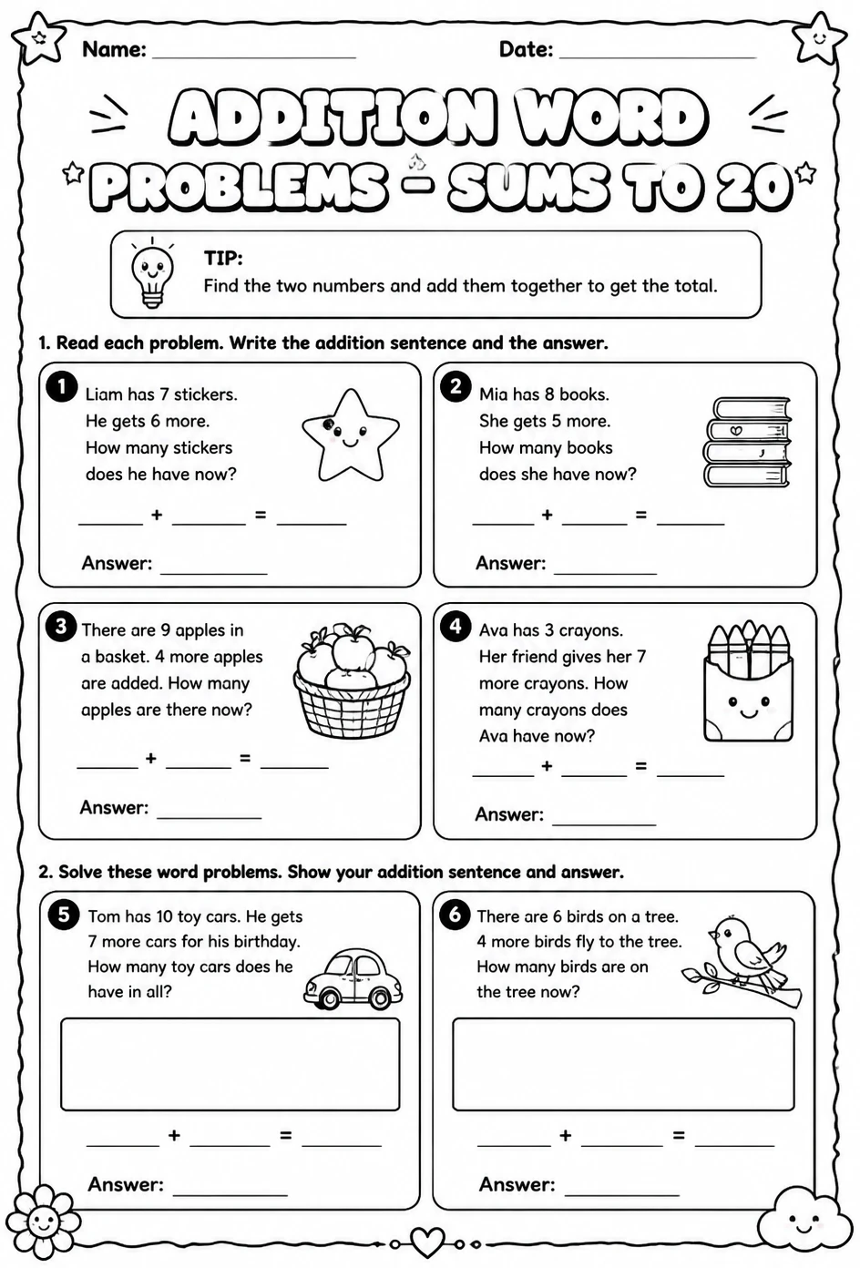 Addition word problems - sums to 20