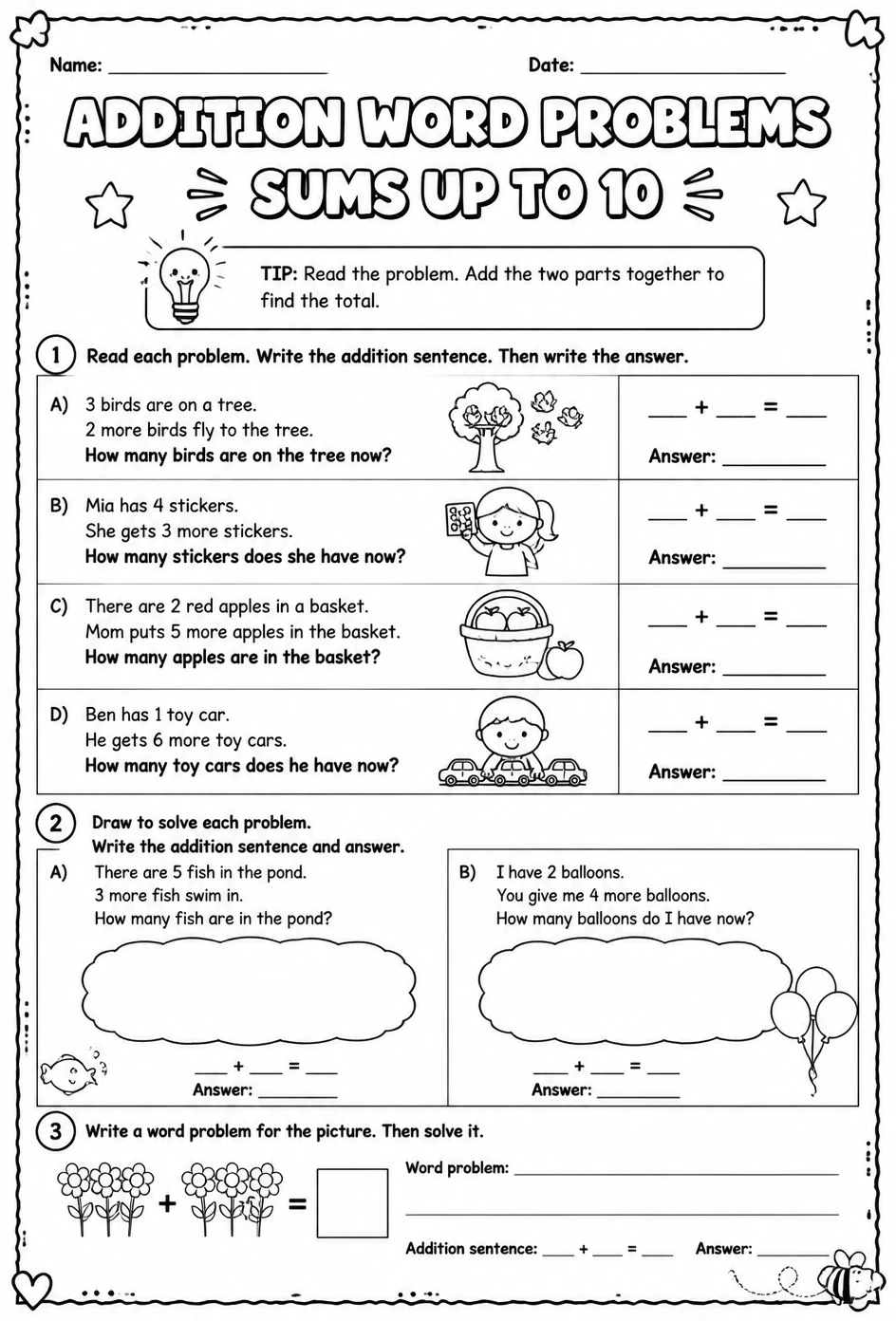 Addition word problems - sums up to 10