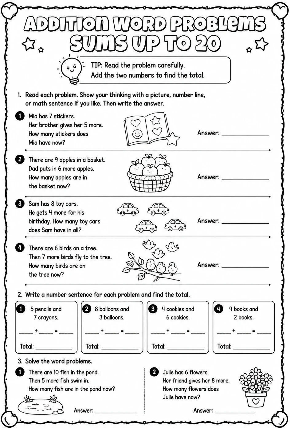 Addition word problems - sums up to 20