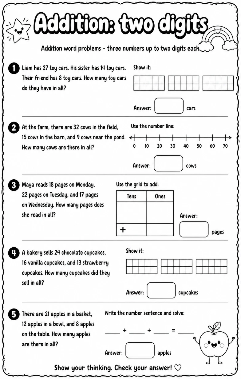 Addition word problems - three numbers up to two digits each