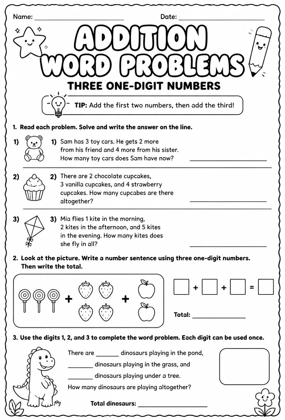 Addition word problems - three one-digit numbers