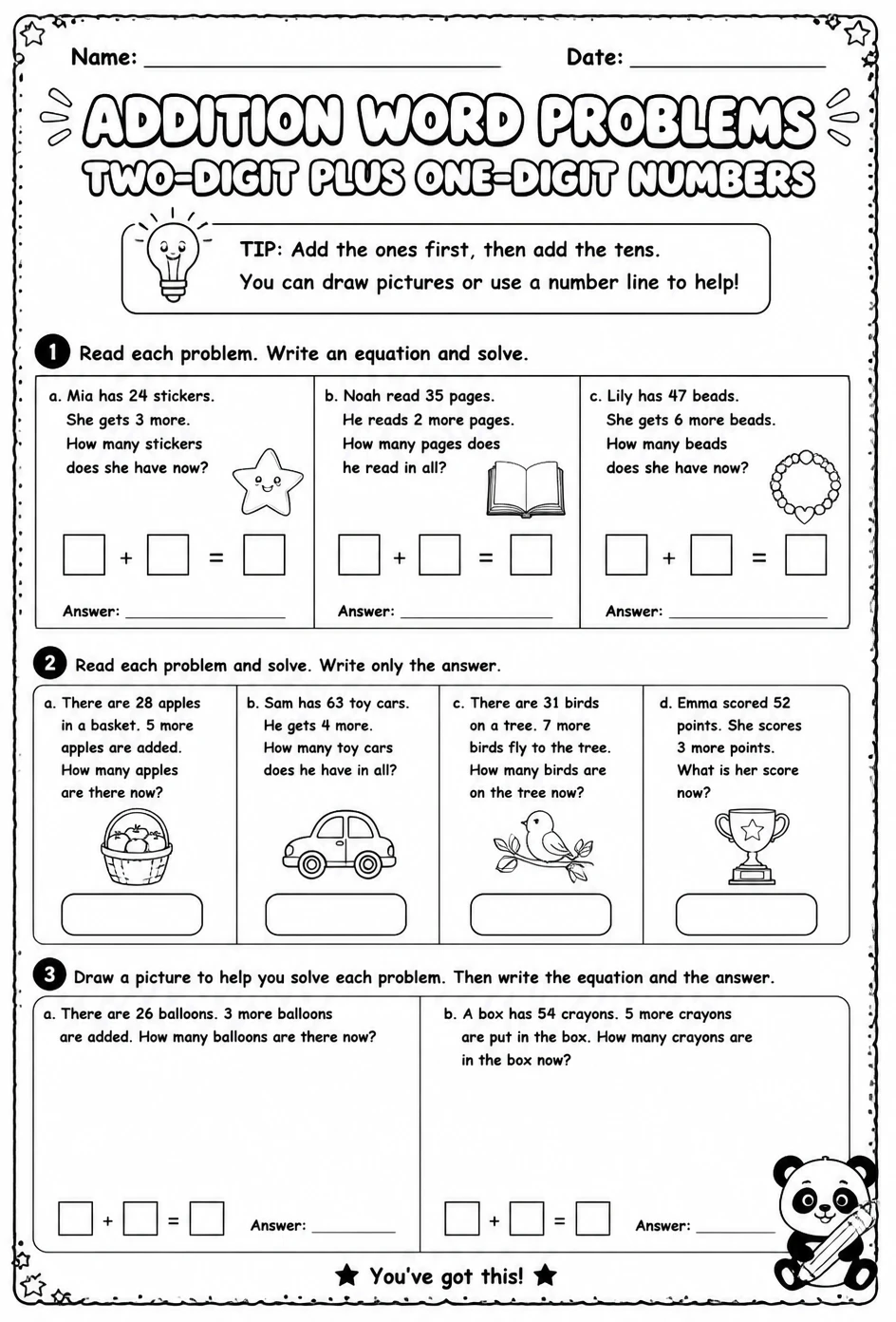 Addition word problems - two-digit plus one-digit numbers