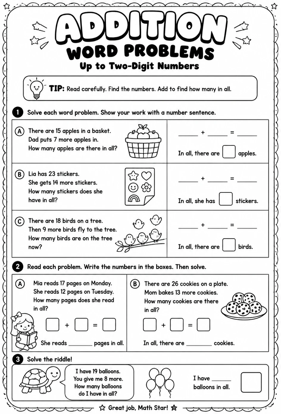 Addition word problems - up to two-digit numbers