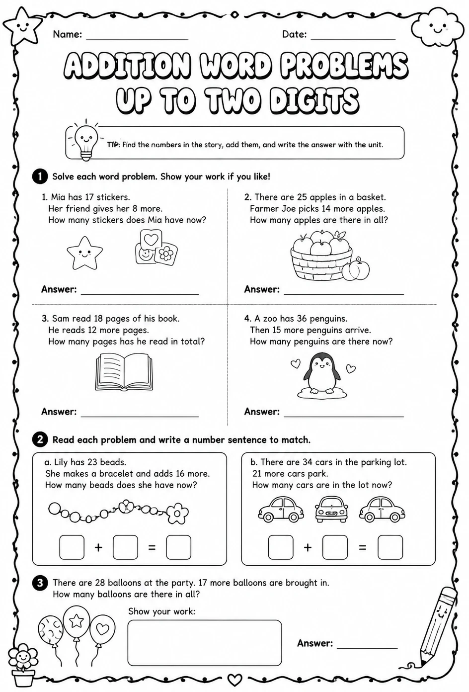 Addition word problems - up to two digits