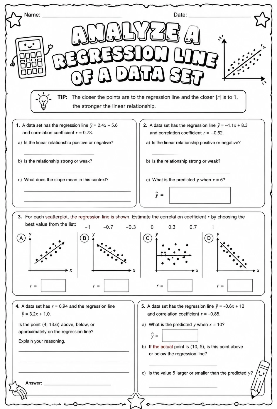 Analyze a regression line of a data set