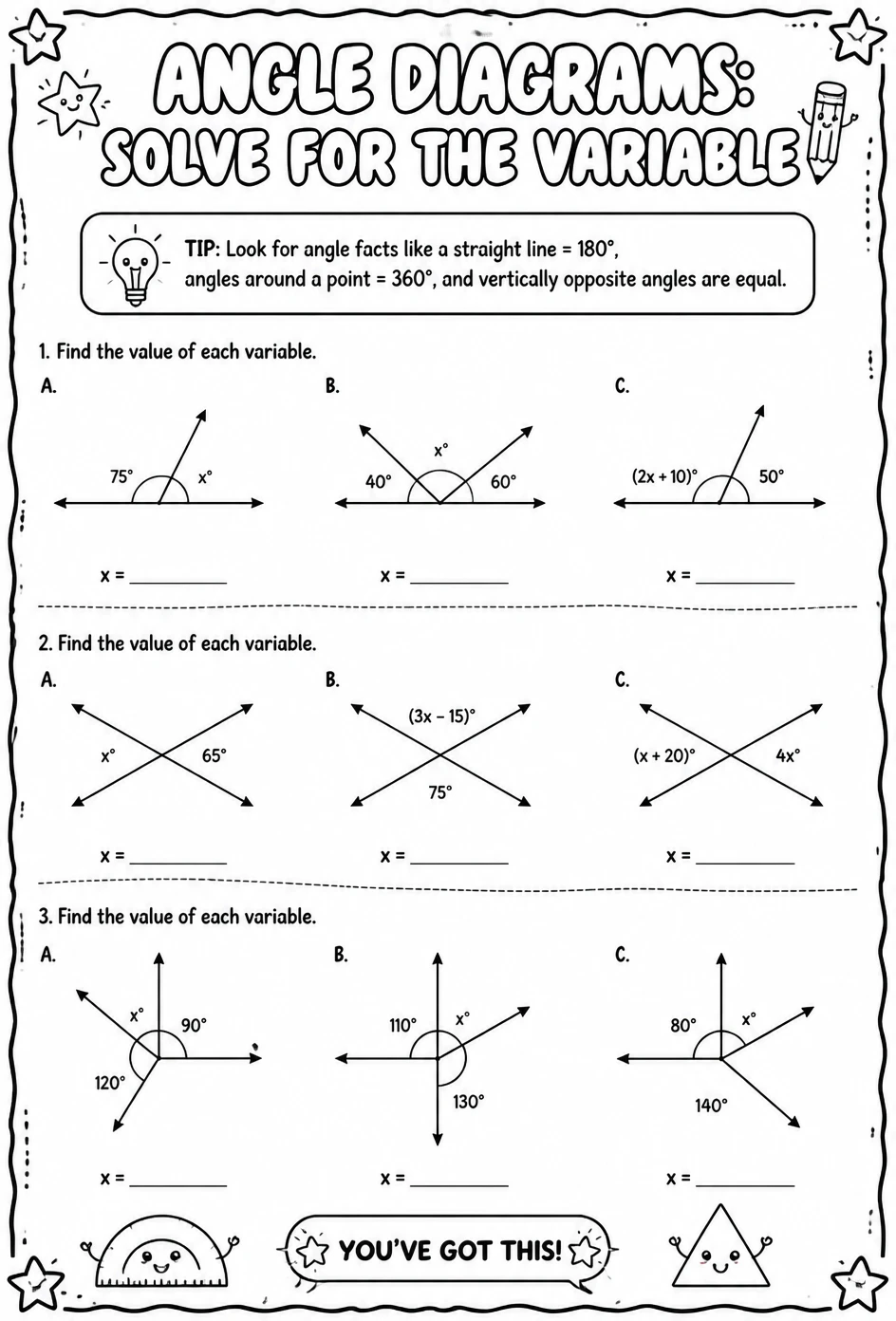 Angle diagrams: solve for the variable