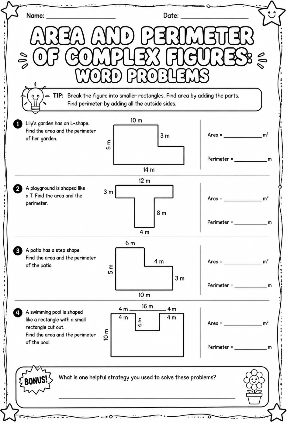 Area and perimeter of complex figures: word problems