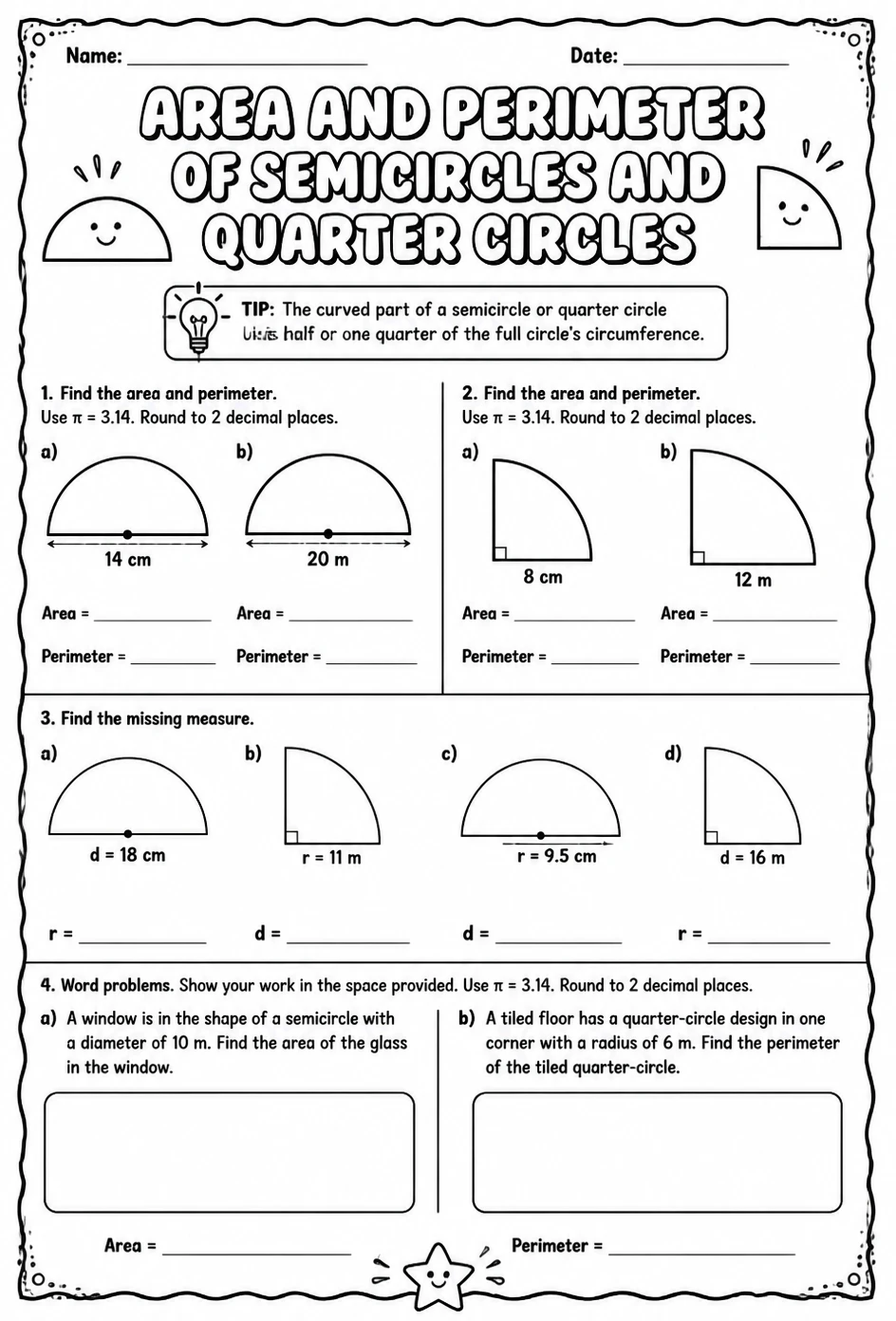 Area and perimeter of semicircles and quarter circles