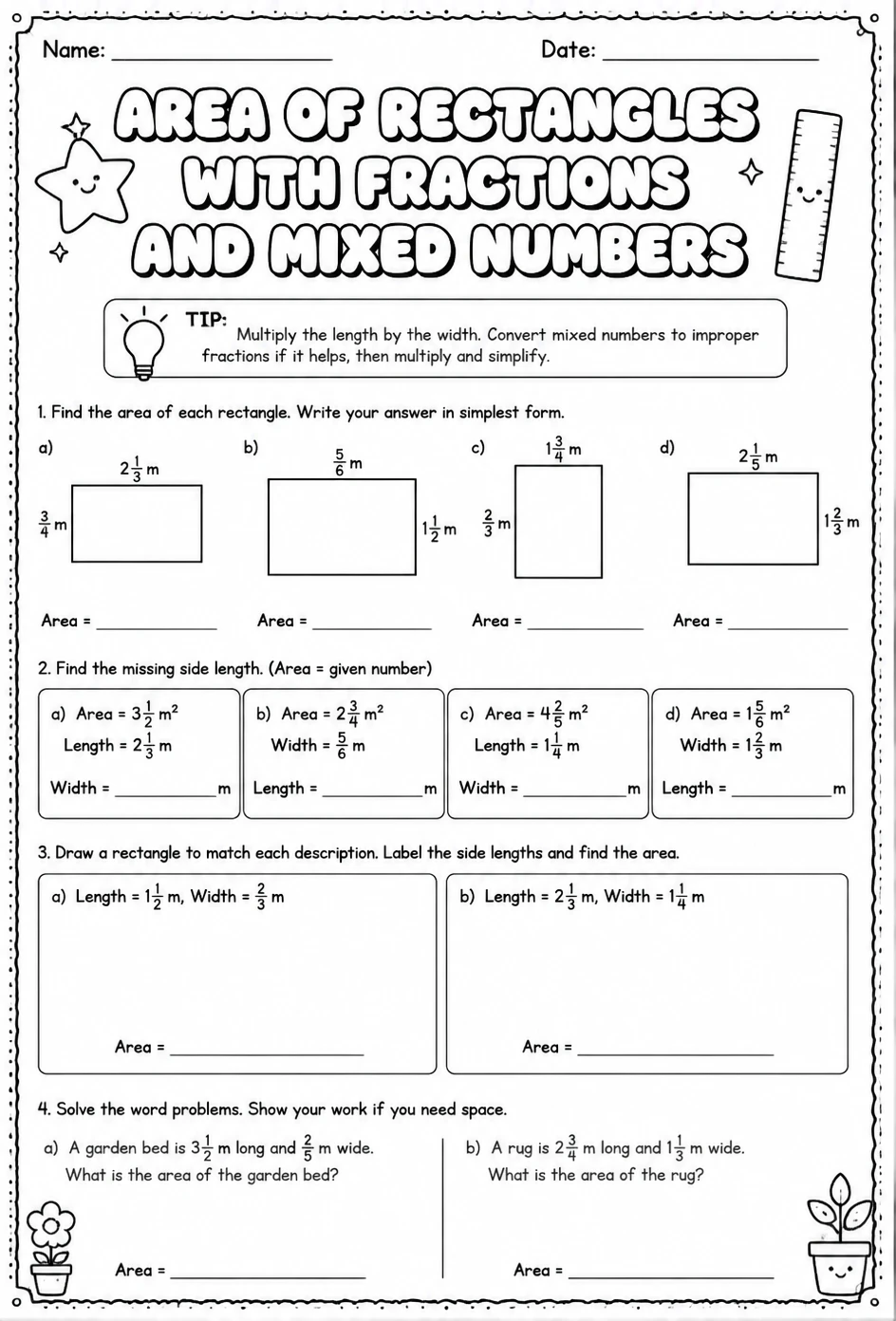 Area of rectangles with fractions and mixed numbers